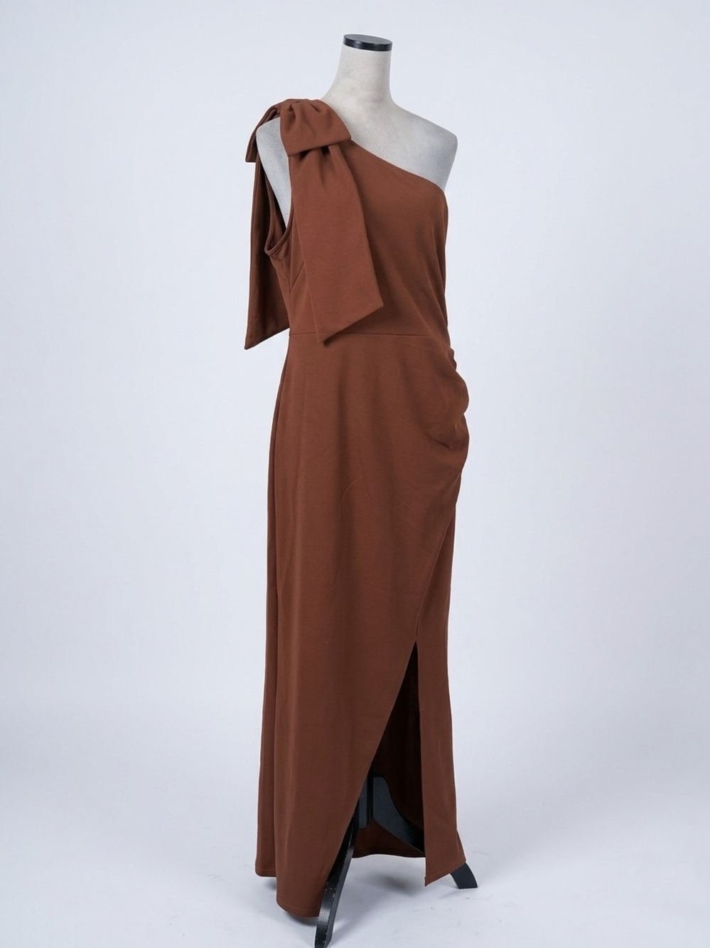 One-Shoulder Brown Evening Gown with Bow Accent